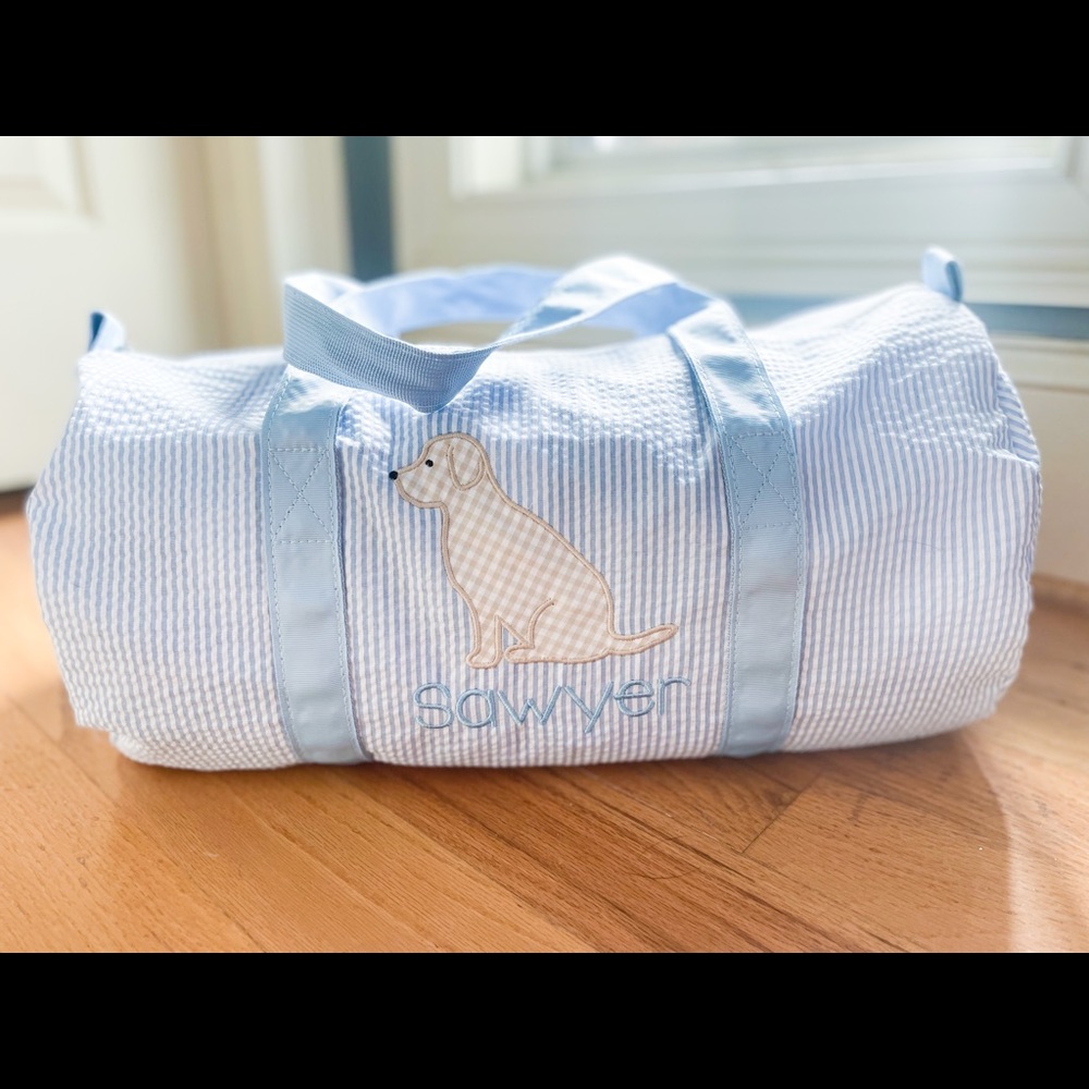 Light Blue Seersucker Puppy Applique Personalized Sawyer NEW